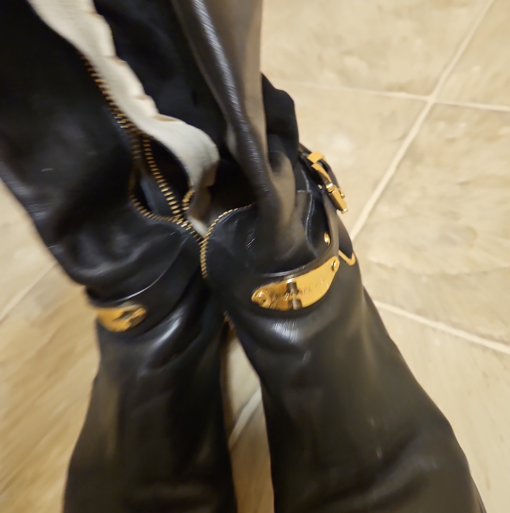 Michael Kors Black Leather Boots with Gold Hardware